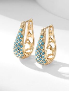 Vintage Style Heirloom Turquoise Gold Huggie Earrings